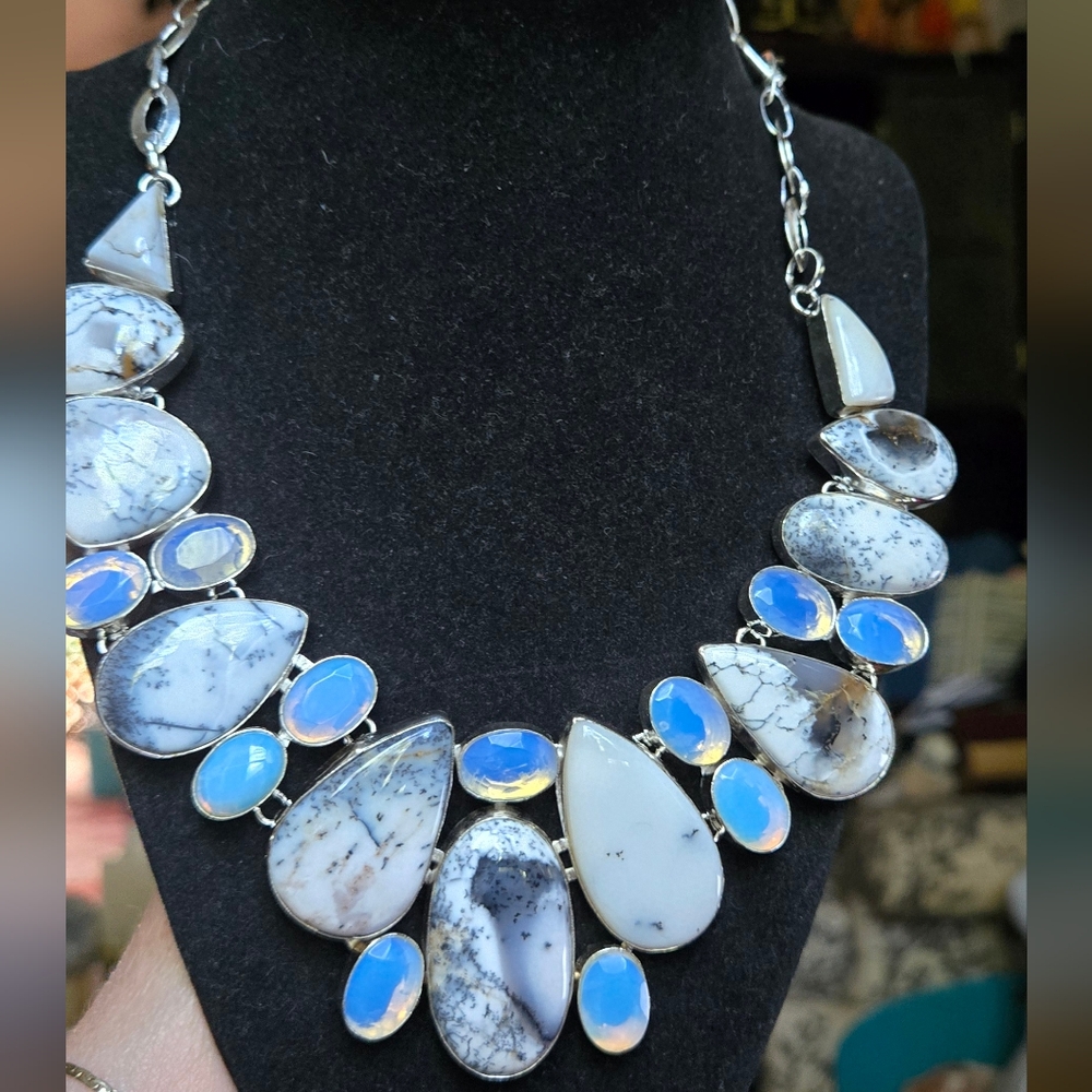 HOST PICK! 🎉🎊Dendritic Opal Opalite & Agate Sterling Necklace Sz22" Adjustable - Picture 6 of 13